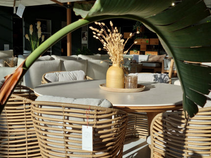 SOLD SODPECT GARDEN TABLE | Ø144cm | Travertin White | 6x Basket Dining chair | 15% discount