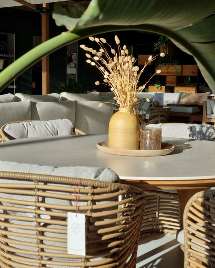 SOLD SODPECT GARDEN TABLE | Ø144cm | Travertin White | 6x Basket Dining chair | 15% discount