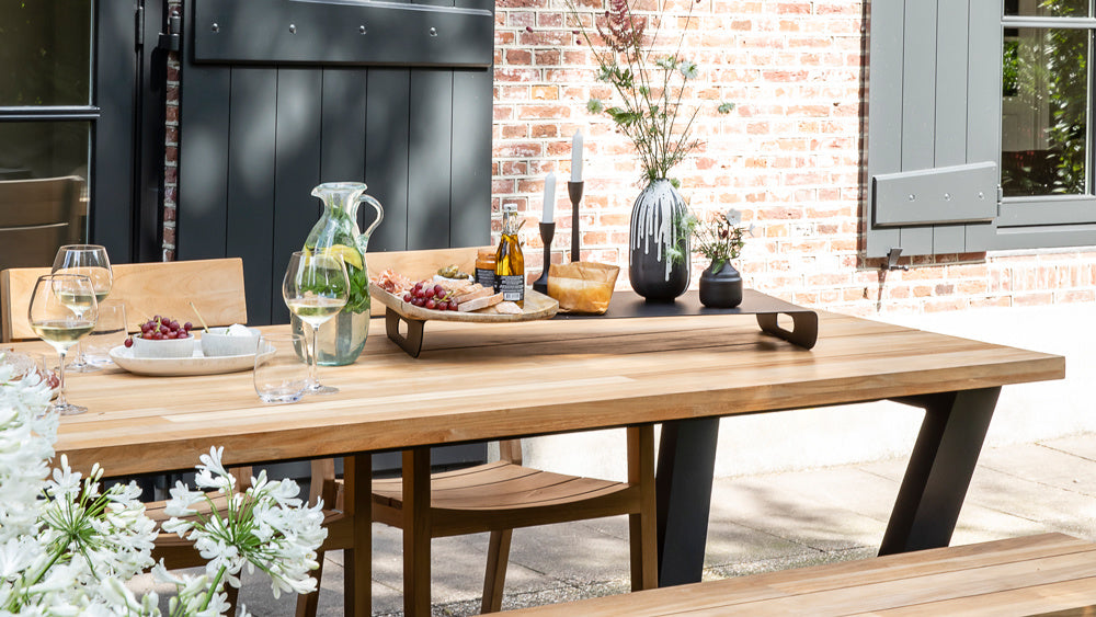 George Garden table with George garden bench and St Tropez garden chairs