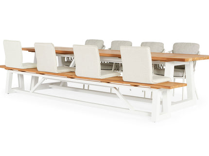 Garden set | Ovada Garden table with garden bench, 4 fish and 4 Nappa Macramé garden chairs
