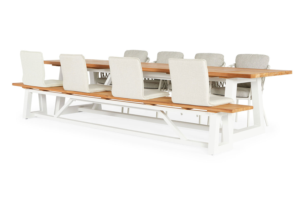 Garden set | Ovada Garden table with garden bench, 4 fish and 4 Nappa Macramé garden chairs