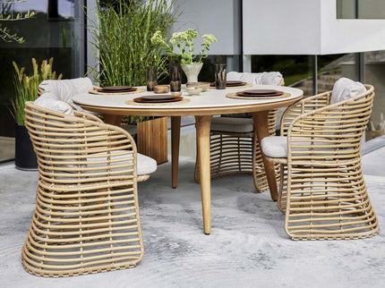 SOLD SODPECT GARDEN TABLE | Ø144cm | Travertin White | 6x Basket Dining chair | 15% discount