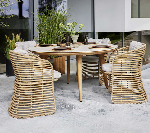 SOLD SODPECT GARDEN TABLE | Ø144cm | Travertin White | 6x Basket Dining chair | 15% discount
