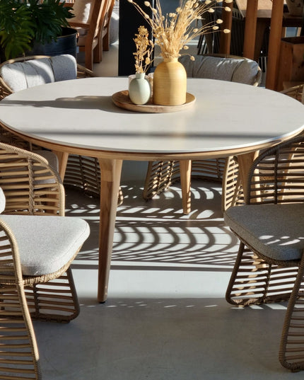 SOLD SODPECT GARDEN TABLE | Ø144cm | Travertin White | 6x Basket Dining chair | 15% discount