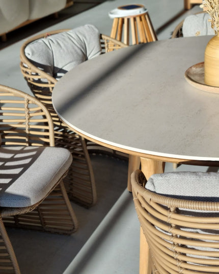 SOLD SODPECT GARDEN TABLE | Ø144cm | Travertin White | 6x Basket Dining chair | 15% discount