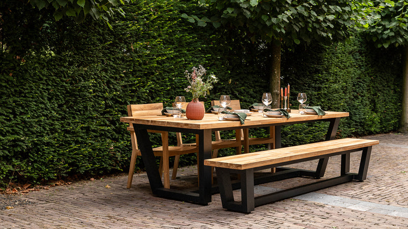 George Garden table with George garden bench and St Tropez garden chairs