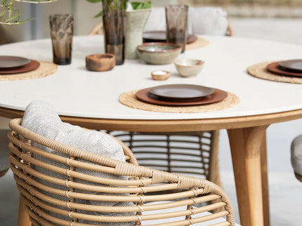 SOLD SODPECT GARDEN TABLE | Ø144cm | Travertin White | 6x Basket Dining chair | 15% discount